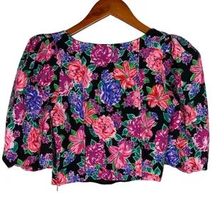 NWT ZARA Floral Cropped Top Plunging Neck Puff Half Sleeves S Black Pink Purple thumbnail 6