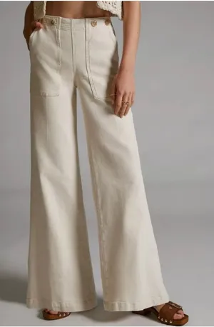 Anthropologie Pilcro Kit High Rise Wide Leg Buckle Trouser Pant Cream Pant 32 thumbnail 1