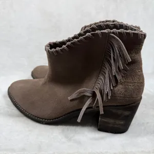 Extrafine Sugar Taupe Suede‎ Fringe Western Ankle Boots Whipstitch Trim 10 thumbnail 8
