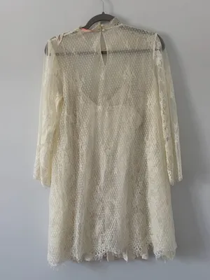 Free People Swan Lace Long Sleeve Beaded Boho Asymmetrical Hem Mini Dress S thumbnail 7