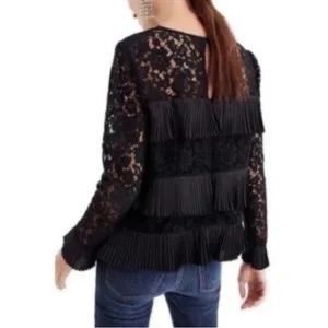J.Crew Black Lace Tiered Ruffle Long Sleeve Blouse Romantic Chic Women’s Size 6 thumbnail 2