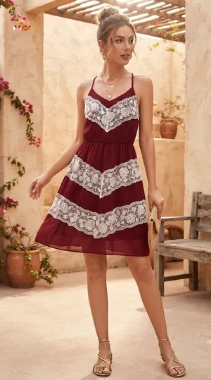 Charming Charlie Burgundy Mini Dress with White Lace Trim thumbnail 1
