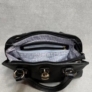 Black Padlock Faux Leather Satchel Handbag Purse Gold Padlock‎ Detail Medium thumbnail 4