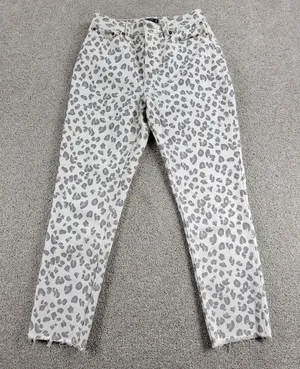 Abercrombie & Fitch Womens Mom Jeans 2 White Gray Leopard Raw Hem Slim Fit Denim thumbnail 1