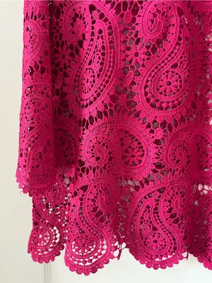Vici Fuchsia Paisley Lace Crochet Long Sleeve Swim Cover-Up Mini Dress Front Tie thumbnail 3