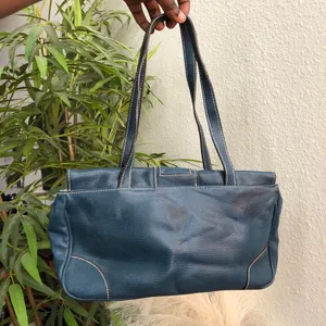 90s Vintage Y2K 2000s Navy Blue rectangular leather shoulder hand bag purse office siren corporate core #gothic #whimsygoth thumbnail 2