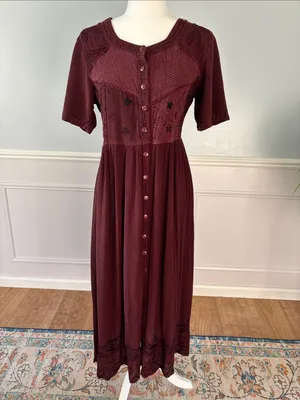 Select Vintage 90s Brown Embroidered Button-Front Midi Dress Sz Medium Phoebe thumbnail 2