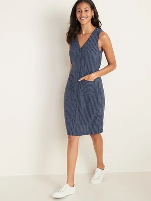 Old Navy Blue & White Striped Linen-Blend Sleeveless Woman’s Dress Size Large thumbnail 9