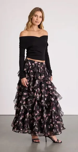 Lulu’s Carion Black Floral Ruffled Maxi Skirt thumbnail 1