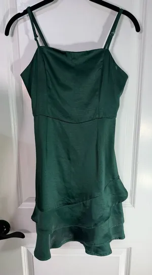 Lulus Emerald Green Satin Spaghetti Strap Layered Ruffle Hem Mini Dress XS thumbnail 1