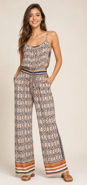 Forever 21‎ Wide Leg Jumpsuit Halter Top Geometric Pattern Boho 70s Retro Sz M thumbnail 1