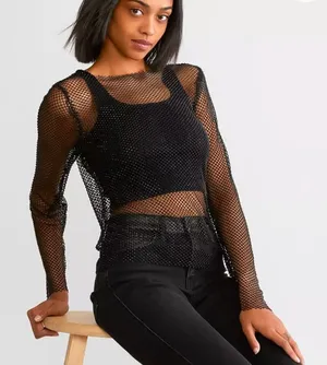 Retroluxe -1726 Black‎ Rhinestone Mesh Top Long Sleeve Fishnet Women's Small thumbnail 1