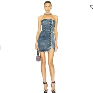 Retrofête Megh Strapless pleated Denim Mini Dress Marble Sky Button Front XS thumbnail 3