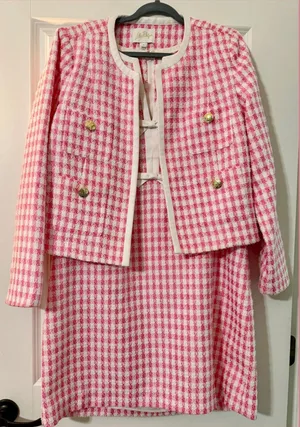 Lilly Pulitzer 2-Piece Tweed Gingham Suit Set Dress & Jacket Pink White 16 thumbnail 1