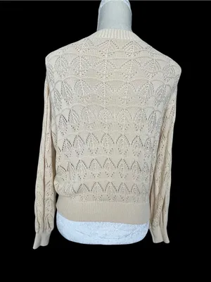 Cream Open Knit Cardigan Sweater Women’s Size S Bubble Sleeves thumbnail 4