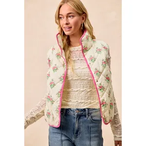 BiBi Floral Print Piping Detail Quilted Vest - Cream/Pink - Medium thumbnail 9
