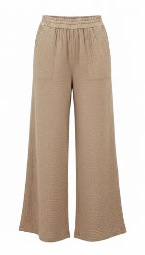 Aerie Brown Gauze Wide Leg Pants Elastic Waist Patch Pocket Boho Beachcore thumbnail 1
