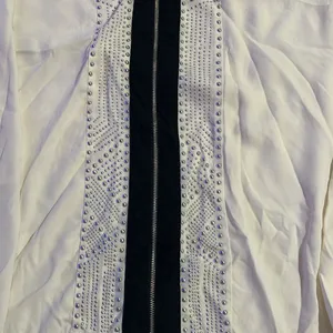 BKE Womens Zip Blouse Ivory Studded Chiffon Full Exposed Zipper long sleeve L thumbnail 4