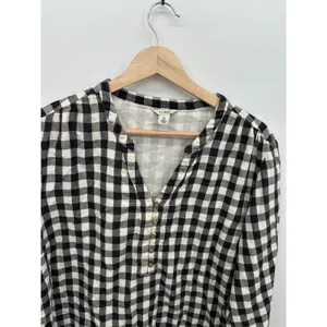 LL‎ Bean Womens XL Black White Gingham Cotton Henley 3/4 Sleeve Top thumbnail 5