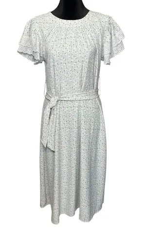 JessaKae Dainty Floral Belted Midi Dress Lace Eyelet Sleeves thumbnail 1