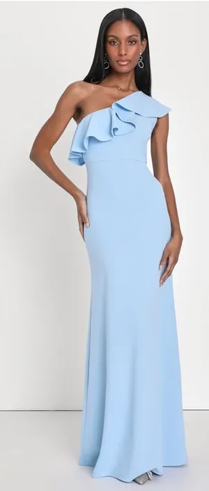 Lulus Last Forever Powder Blue One-Shoulder Ruffle Maxi Dress Size Small Formal thumbnail 1