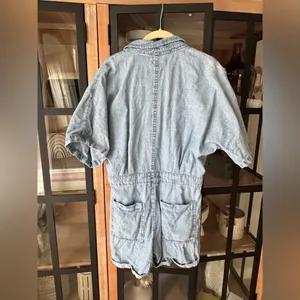 Mango denim romper playsuit light wash chambray short sleeve pockets button down thumbnail 7