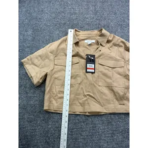 Nine West Women's Linen Blend Cropped Utility Shirt‎ Short Sleeves Khaki Size XS thumbnail 5