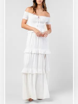 Beivy Off-Shoulder White Ruffle Maxi Dress Size Medium thumbnail 5