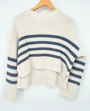 Pink Rose Striped Sweater Womens Medium Cropped‎ Pullover Oversized Ivory Bluec thumbnail 1