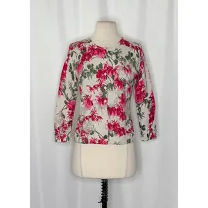 NEW!! GARNET HILL Merino Wool Cardigan‎ Sweater Floral Gray Pink Preppy Small thumbnail 2