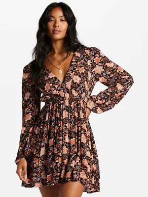 Billabong Sweetest Dream Floral Mini Dress Black Pebble Long Sleeve L thumbnail 1