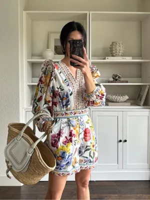 Farm Rio Greek Garden Long Sleeve Plunge Neck Cotton Romper S thumbnail 10