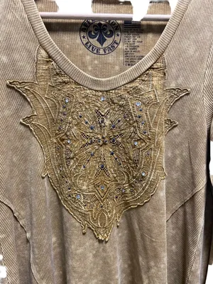 Affliction Long Sleeve Waffle Knit Top Mustard Size L Y2K Casual Punk Neutral thumbnail 7