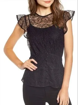 Chelsea28 Womens Lace Sheer Top Size S Black Flutter Sleeve Whimsigoth Witchy‎ thumbnail 1