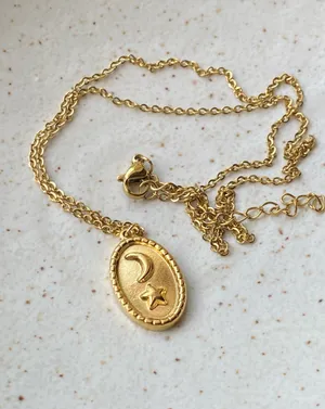Handmade gold stainless steel celestial whimsical vintage oval moon & star necklace🌟 thumbnail 4