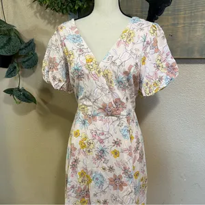 NWOT Lulus Flourishing Feelings Pink Floral Puff Sleeve Midi Dress XL thumbnail 4