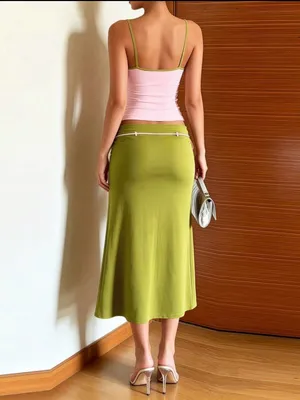 Olive Green Midi Skirt with Waist Tie thumbnail 2