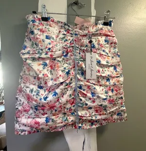 Love and Lemons Floral Ruched Mini Skirt - White with Pink & Blue Floral thumbnail 1