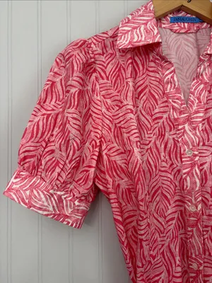J. McLaughlin Short Sleeve Button Front Midi Dress Women Size XS Pink White thumbnail 2