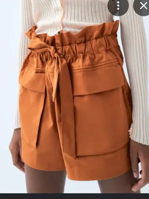 Excellent condition Zara PAPERBAG BERMUDA SHORTS TRF size L Orange /tobacco thumbnail 1