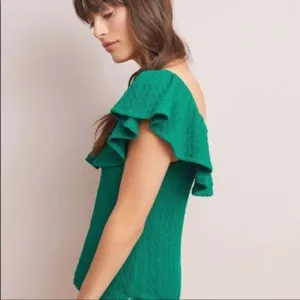 Anthropologie Off Shoulder Ruffle Green Top Sz XS thumbnail 2