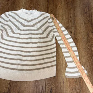 LOFT Mock Neck Striped Sweater Size Medium Flare Long Sleeve‎ White Brown Wool thumbnail 6