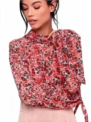 Free People All Dolled Up Top Red Combo Open Back Sheer Tie Cuffs Size Medium thumbnail 1
