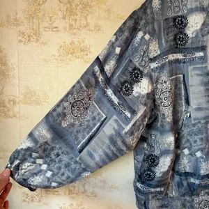 Vintage 80s blue and white abstract boho print Keren Hart 100% silk jacket thumbnail 3