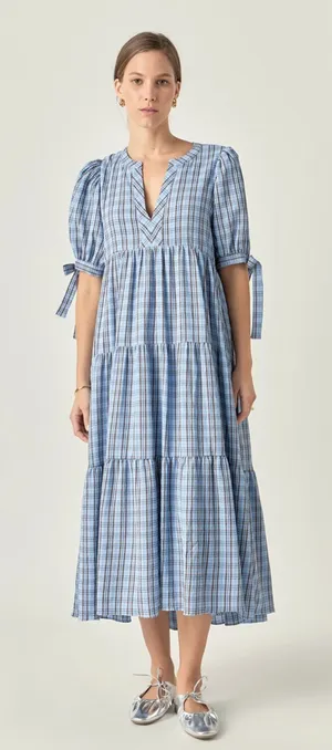 English Factory Blue Checkered Midi Dress thumbnail 1