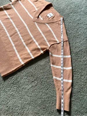 Aerie Women Tan Striped Oversized V-Neck Sweater Size L Cozy Slouchy Knit Soft thumbnail 2