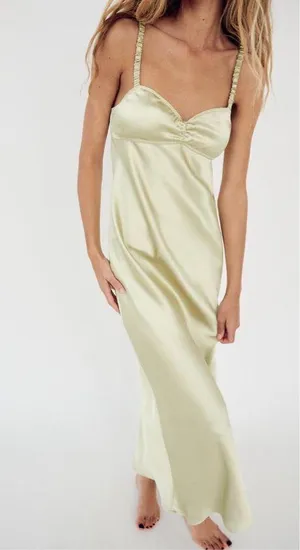 ZARA dress maxi sagę light olive green satin Effect Wedding Party Coctail thumbnail 13