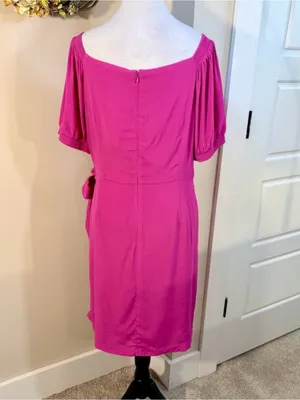💥NWT Maeve Anthropologie Raspberry Pink Wrap Tie Waist Puff Sleeve Dress 14💛 thumbnail 5