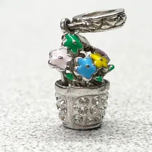 Silver Tone Enamel Crystal Flower Pot Charm Spring Garden Jewelry Making Gift thumbnail 3
