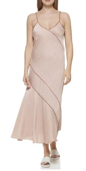 NWT $129 DKNY Dress Satin Mini Grid Print Adjustable Straps V Neck Women Medium thumbnail 1